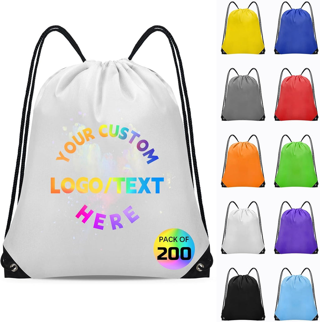 Grneric Custom Drawstring Bags Bulk 10/20/50/100/200 Pack, Promotional Items With Your Logo Personalized String Backpack for Gym, Sport, Travel, White