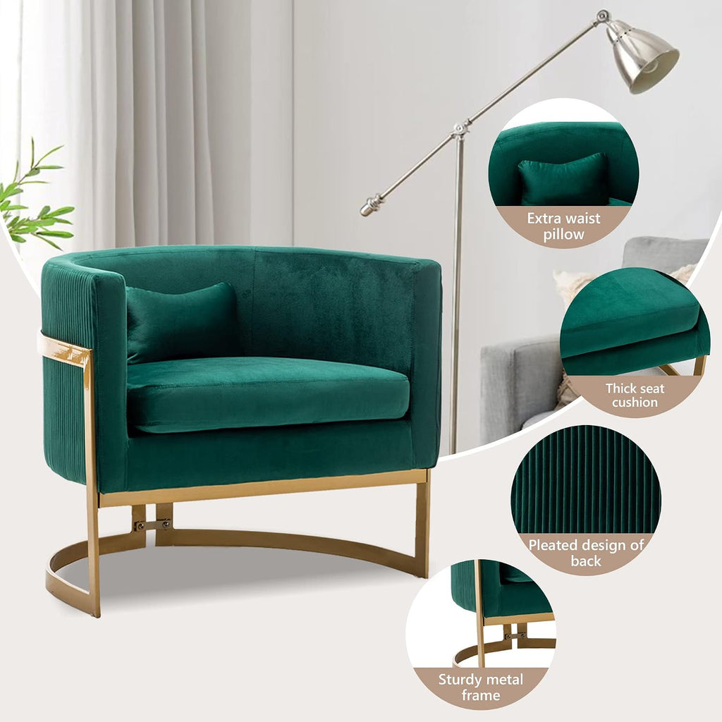 Velvet Accent Chair Green Modern Upholstered Barrel Chair, Wide Arm Chairs for Living Room Bedroom Club Side Chairs with Gold Legs