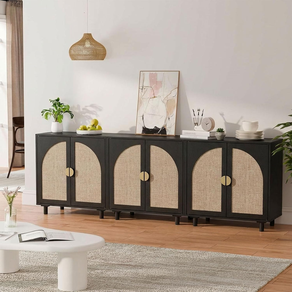 Modern Rattan Storage Cabinet, Black Wood Sideboard with Magnetic Latch, Adjustable Shelf, 29.84' W x 15.75' D x 31.57' H (2 Piece)