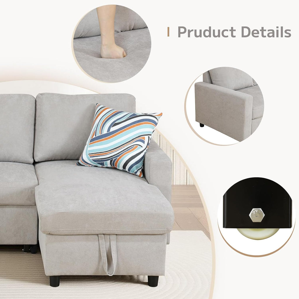 Yafylly L-Shaped Sleeper Sofa with Chaise Lounge & Storage, Pull-Out Couch Bed with Recliner, Full Size Futon for Living Room, Office, Apartment Beige