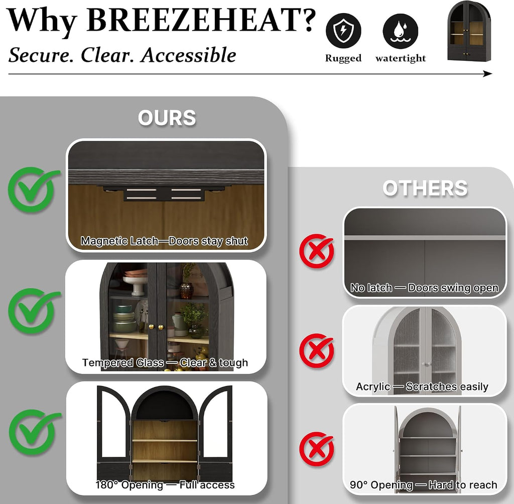 BREEZEHEAT Arched Bathroom Wall Cabinet, Floating Medicine Cabinet Over Toilet Storage w/Glass Doors, Adjustable Shelf, Wood Hanging Cupboard for Laundry Room/Kitchen/Hallway, Black, 23.6x33.5 Inch