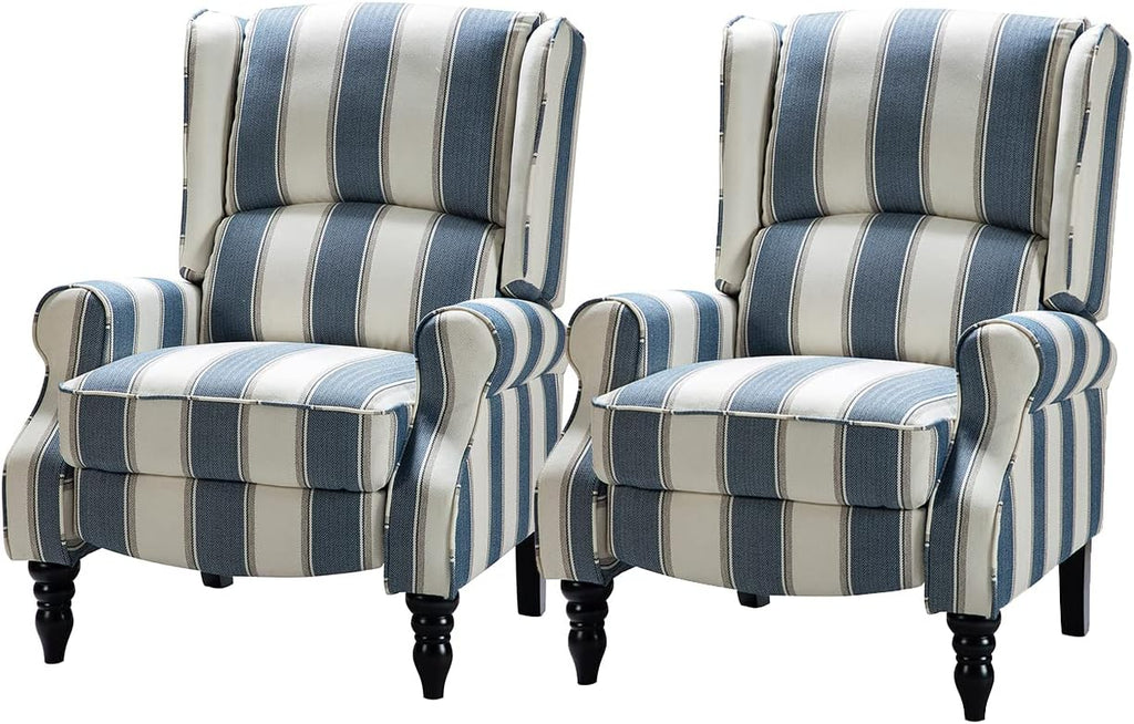 HULALA HOME Upholstered Wingback Recliner Chair Set of 2, Small Adjustable Footrest Push Back Single Reclining Sofa, Mid Century Modern Lounge Armchair for Living Room, Bedroom, Reading/Stripe Navy