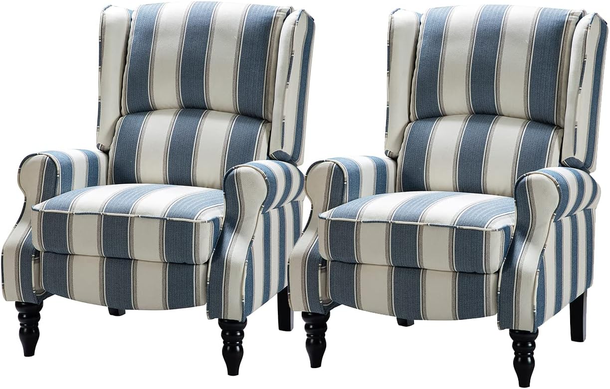 HULALA HOME Upholstered Wingback Recliner Chair Set of 2, Small Adjustable Footrest Push Back Single Reclining Sofa, Mid Century Modern Lounge Armchair for Living Room, Bedroom, Reading/Stripe Navy