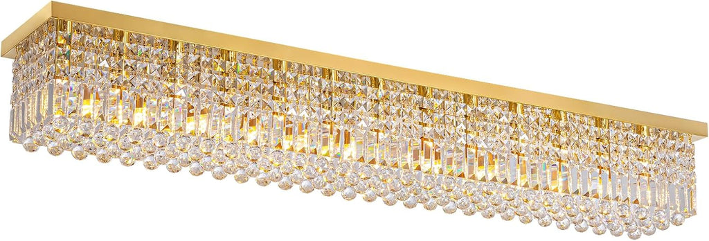 7PM Rectangular Chandelier, Modern Dining Room Light Fixture with Raindrop Chandelier Crystals, 13-Light Flush Mount Rectangle Chandelier for Dining Room, Living Room,Brass Finish L59'' x W10'' x H9''