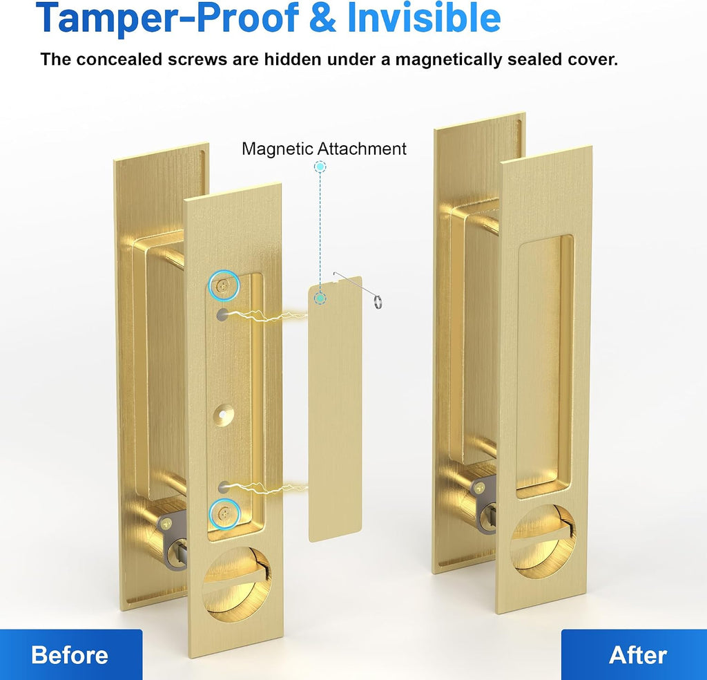 Dontay Pocket Door Handle and Edge Pull, Narrow Modern Rectangular Keyed Entry Function, Recessed Sliding Door Hardware for 1 3/8' to 2 3/16' Thickness Door (Keyed Lock, Satin Brass, 2 Pack)
