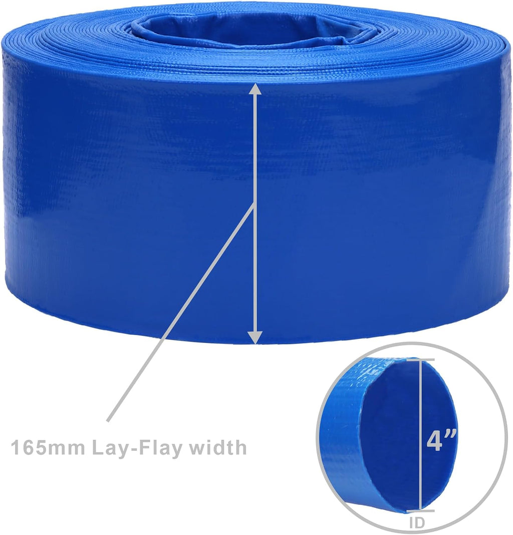 Lay-Flat Pool Backwash Hose - 4' x 100Ft Reinforced Heavy Duty PVC Discharge Hose Weather-Proof Vinyl Pool Drain Hose for Water Transfer with 2 clamps