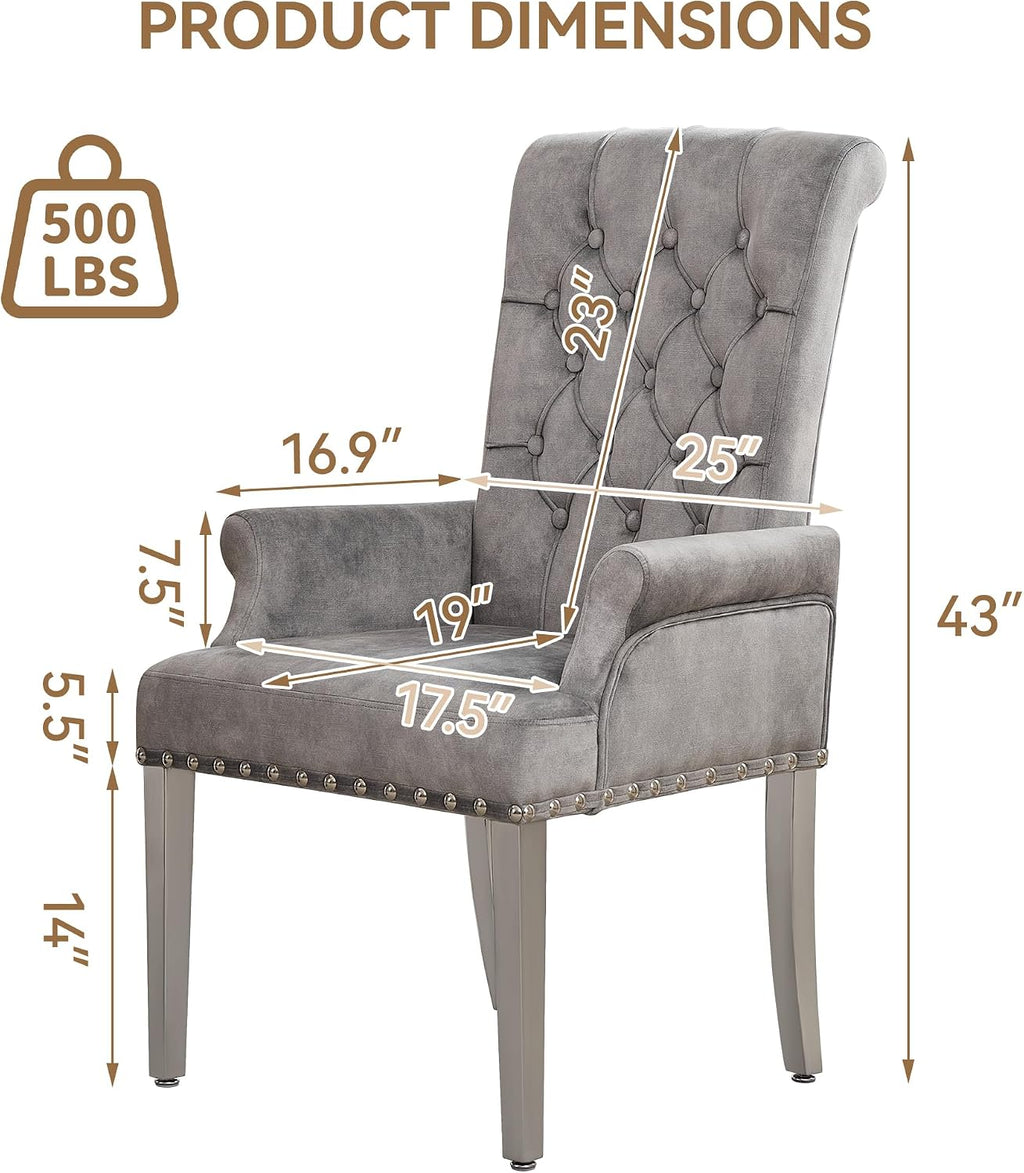 WUTUTUEE Velvet Dining Chair with Arms, Upholstered Tufted High Back Dining Room Chairs, Accent Armchair with Chrome Leg and Nailhead Trim, Kitchen Dining Living Room, Grey