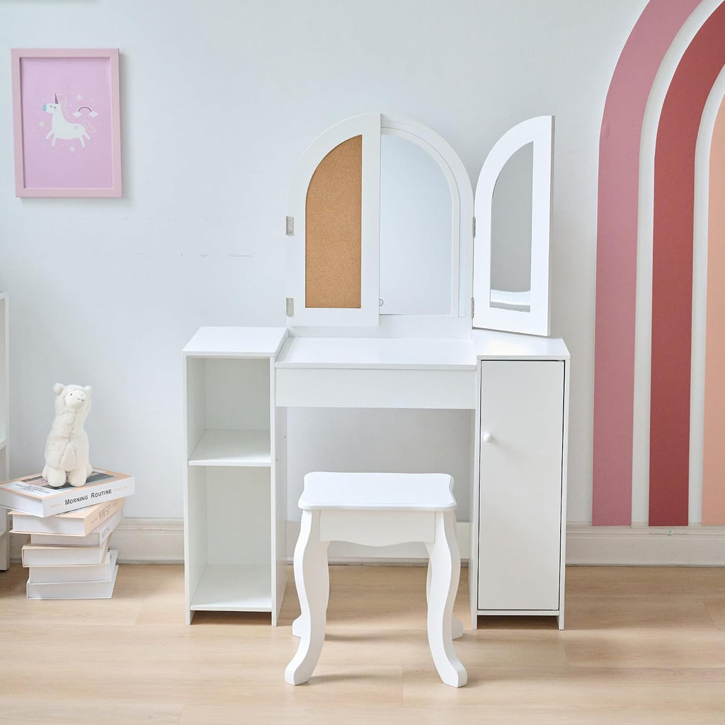 Teamson Kids 2-in-1 White Vanity Desk Set with Mirror & Stool for Girls - Dual Purpose Deluxe Glow Play Makeup Vanity & Desk with LED Lights & Cork Panels for Kids Ages +3