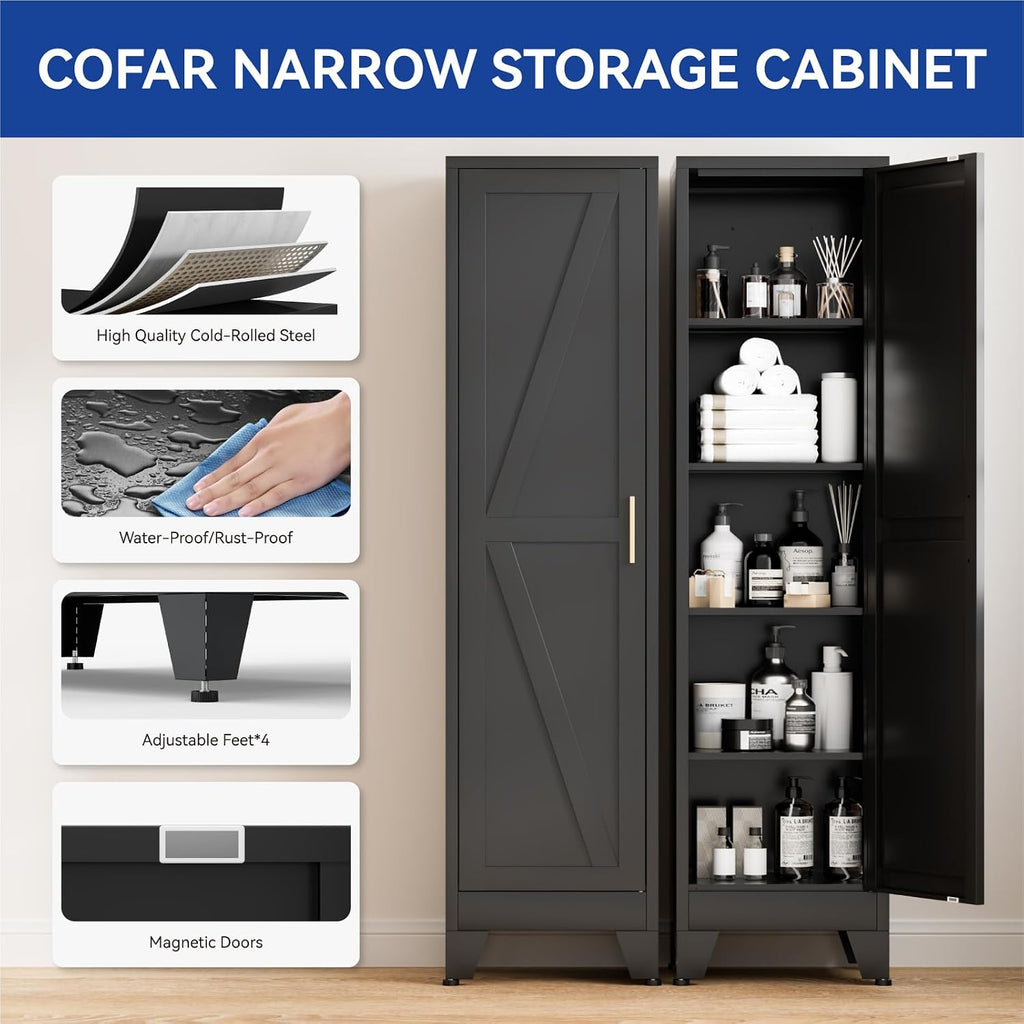 COFaR 67'' Tall Narrow Bathroom Storage Cabinet, Metal Farmhouse Skinny Pantry Cabinet with 4 Adjustable Shelves and One Door, Slim Cabinet Storage for Kitchen Garage, 5-Tier Black
