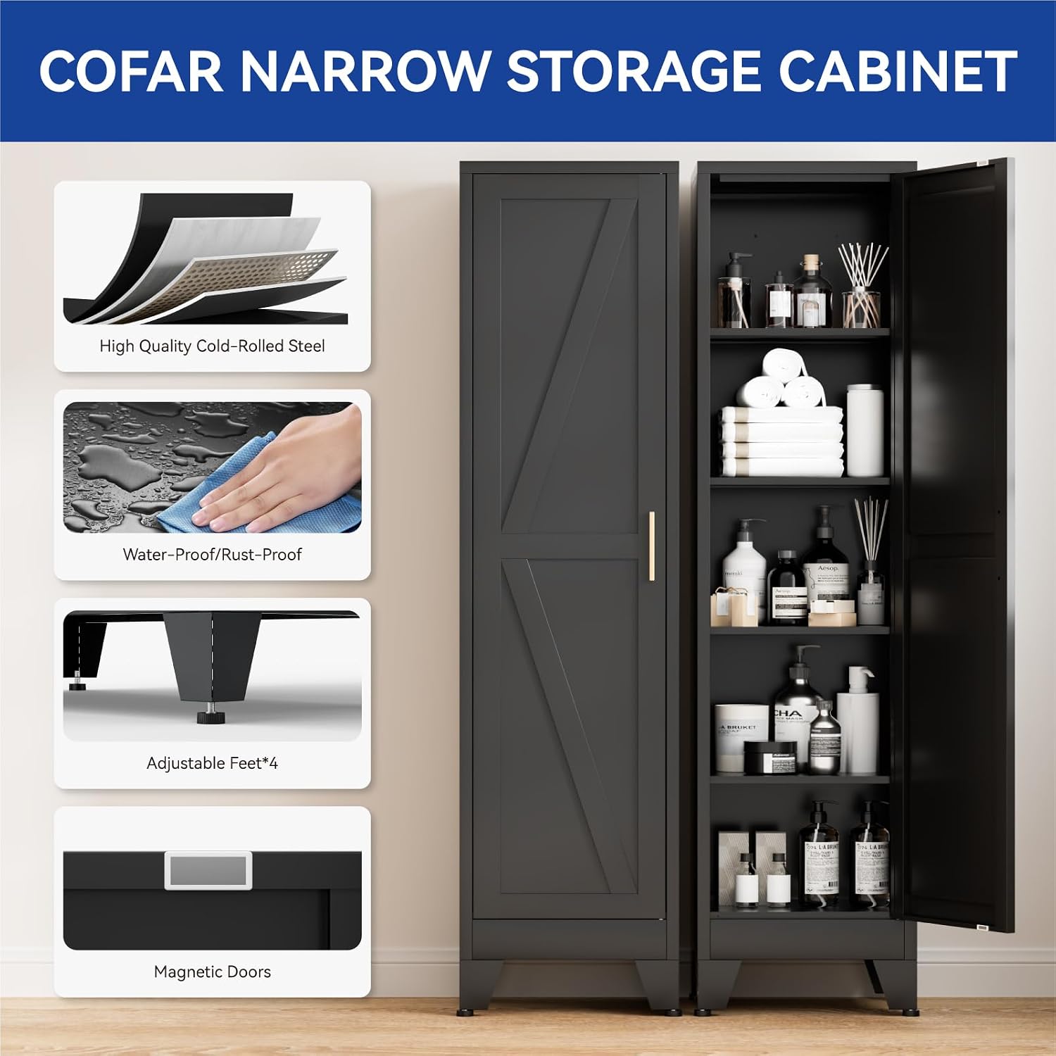 COFaR 67'' Tall Narrow Bathroom Storage Cabinet, Metal Farmhouse Skinny Pantry Cabinet with 4 Adjustable Shelves and One Door, Slim Cabinet Storage for Kitchen Garage, 5-Tier Black