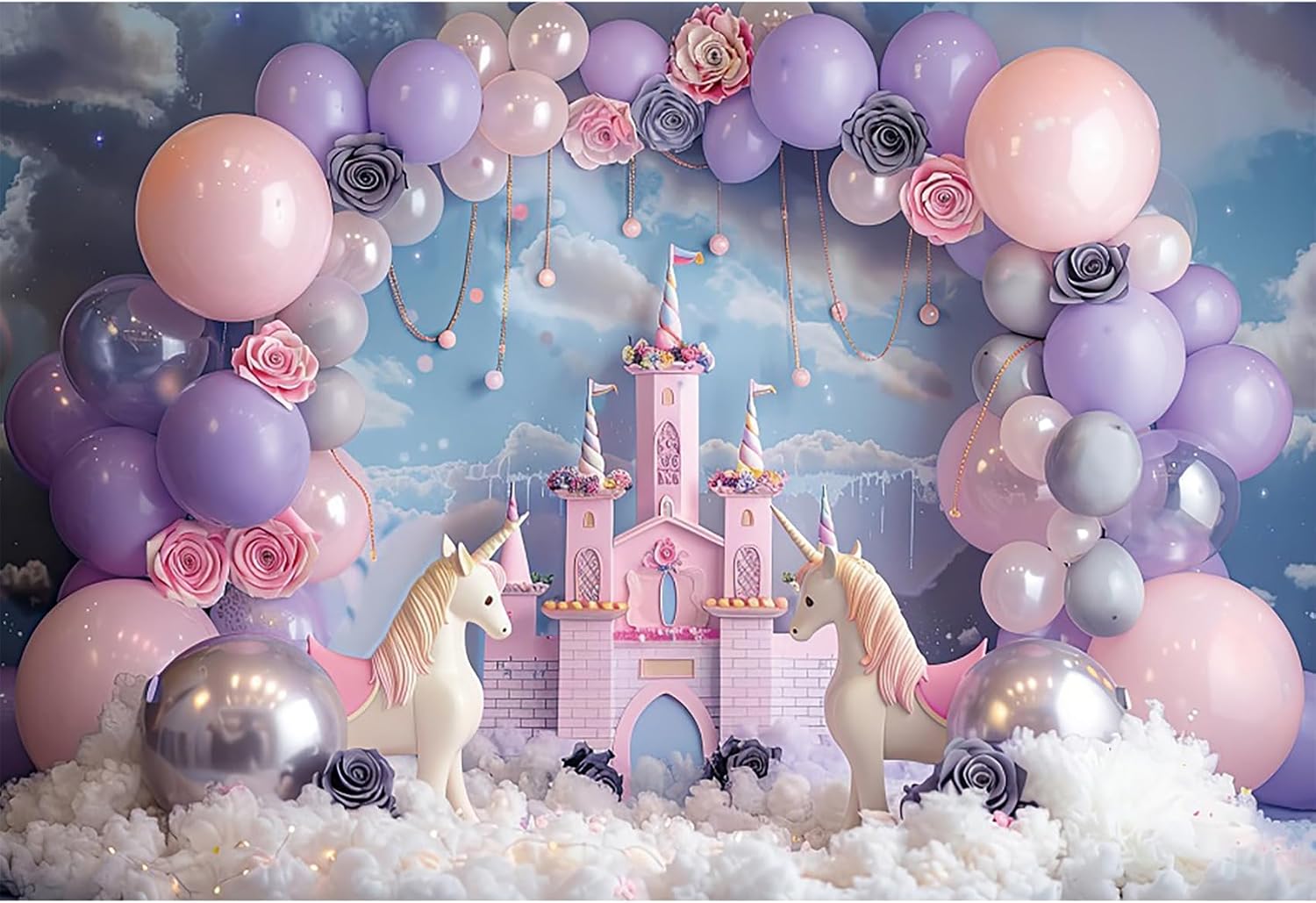 20x10ft Purple Castle Backdrop for Photography Pink Arch Balloon Flower Royal Place Lovely Unicorn Photography Background Baby Shower Birthday Party Wedding for Princess Girl Props Video
