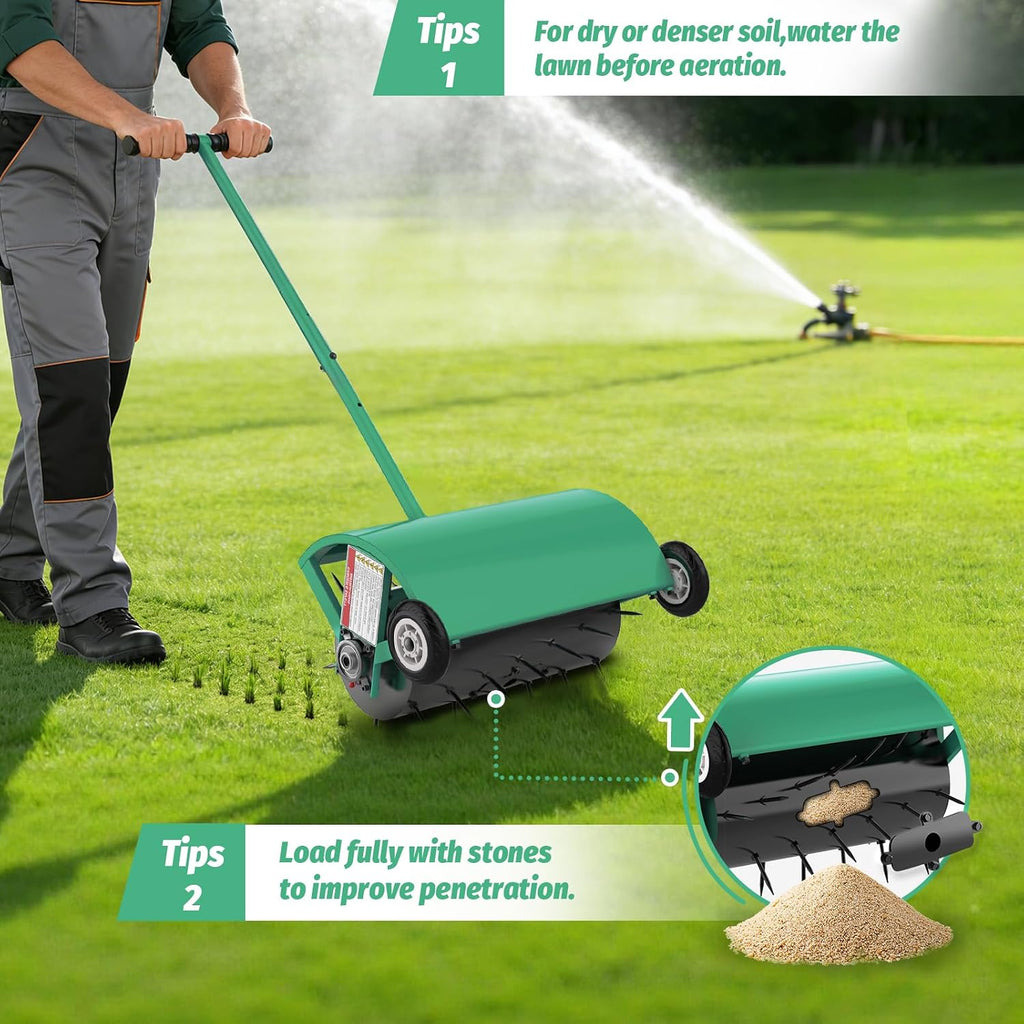 24 Inch Rolling Lawn Aerator, Heavy Duty Manual Aerator Tool, Up to 70 lbs, Push Spike Aeration Tool with 42 Spikes, Suitable for Lawns, Garden, and Yard Grass Aeration [Green]