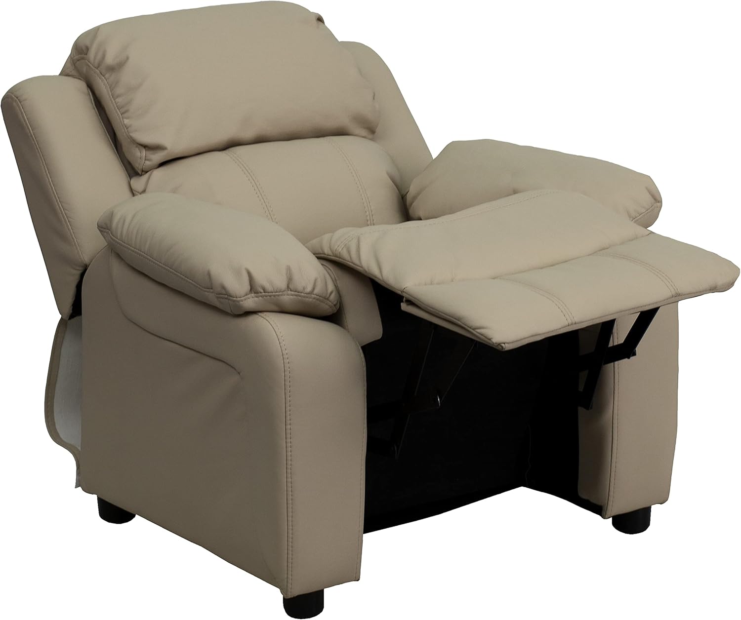Flash Furniture Charlie Vinyl Kids Recliner with Flip-Up Storage Arms and Safety Recline, Contemporary Reclining Chair for Kids, Supports up to 90 lbs., Beige