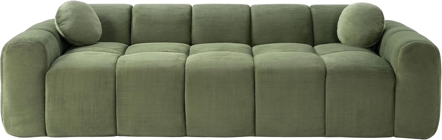 98.4-Inch Oversized Boneless Cloud Couches Deep Seat Foam Sofa Couch with 2 Round Toss Pillows, Luxury Corduroy Upholstered 3 Seat Tufted Loveseat, Cloud Sofa in a Box
