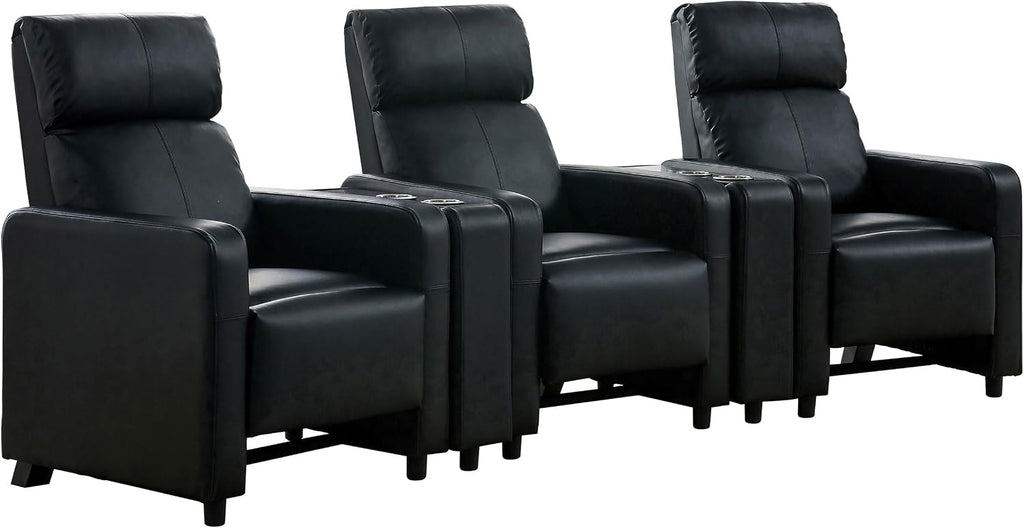 Coaster Home Furnishings - Toohey - Faux Leather - 5-piece Theater Seating with Consoles and Recliners with Tufted Backrests and Slim Track Armrests - Living Room, Home Theater - Black - 600181-S3A