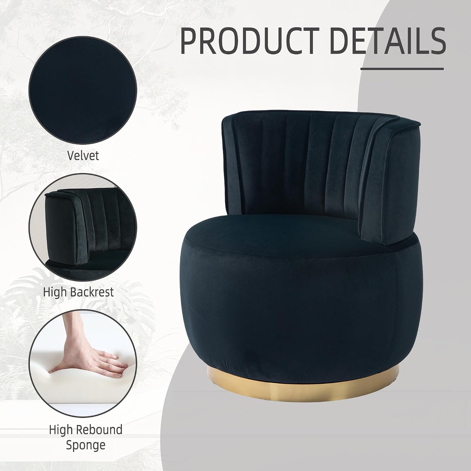 KEIKI Swivel Barrel Accent Chair, 360 Degree Rotating Upholstered Armchair with Velvet Fabric for Living Room, Office, Bedroom, Black