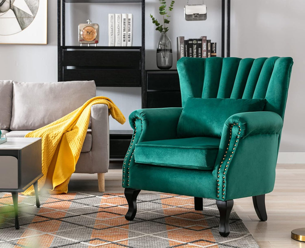 Kmax Green Accent Chair Velvet Wingback Chair with Pillow Nail-Head Channel Tufted Club Oversized Chair for Living Room Bedroom Guest Room