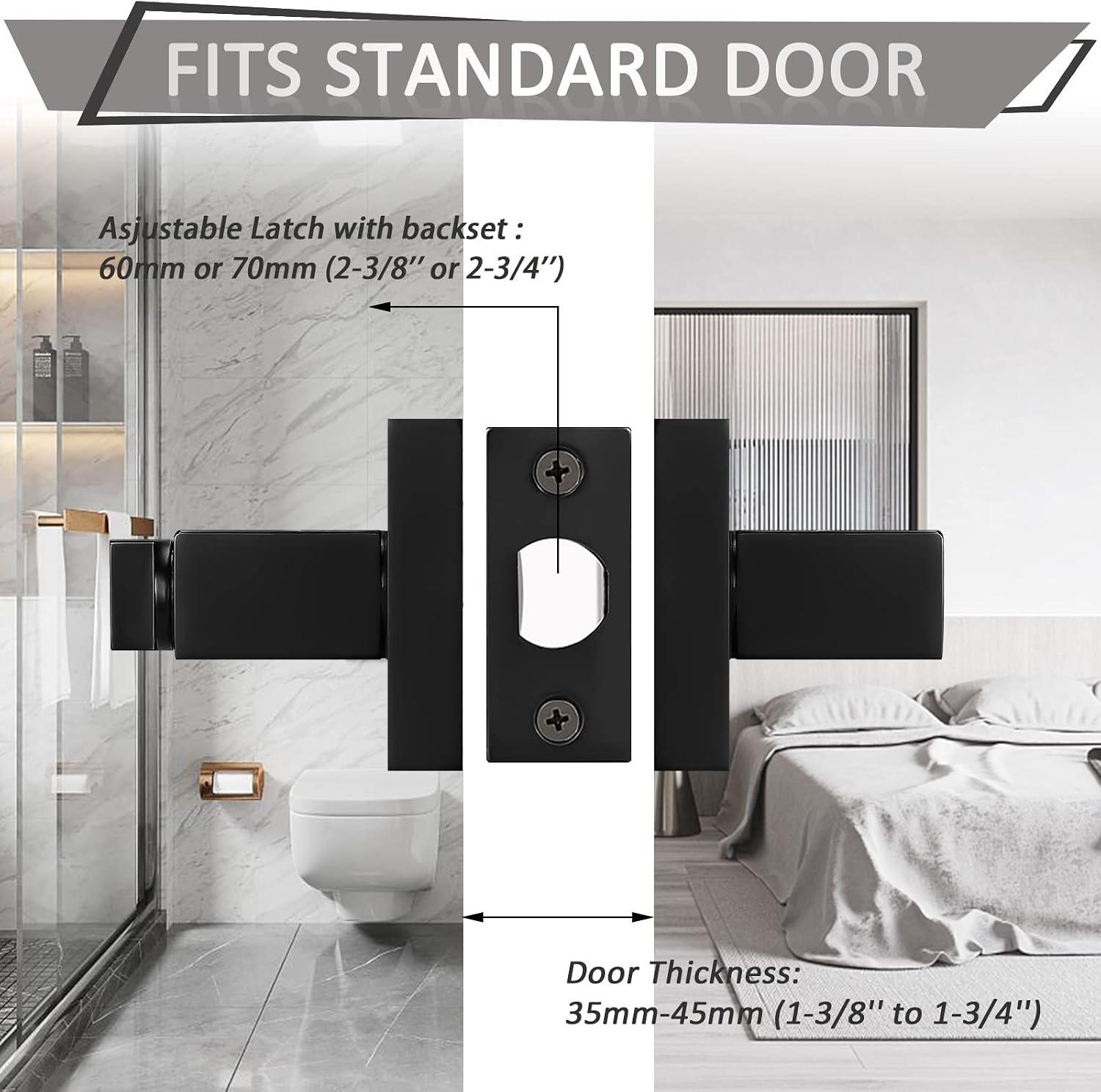 Probrico 8 Pack Square Privacy Door Levers Black Privacy Door Handles Lock Handleset Keyless Lockset Door Knobs Interior Handles for Bedroom & Bathroom