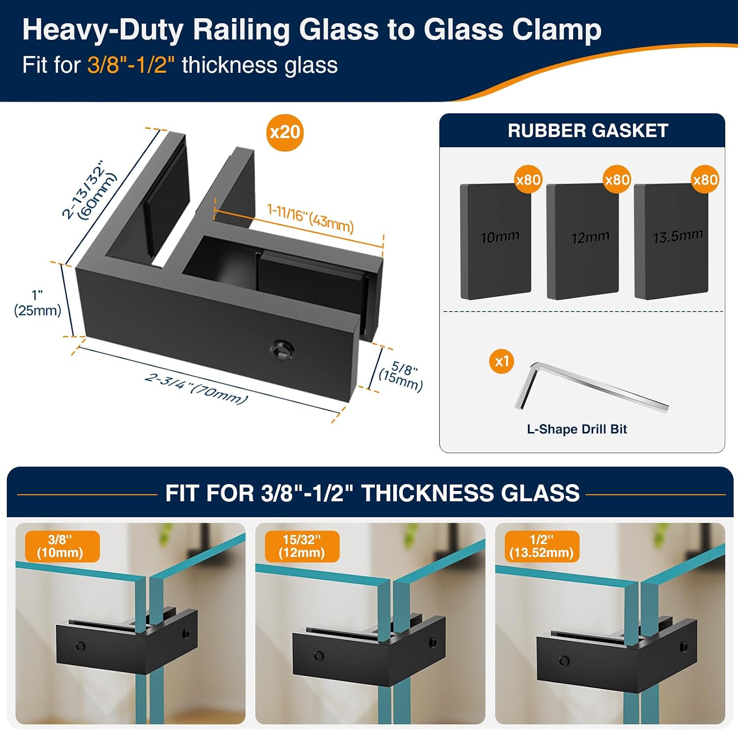 20 Pack Corner Railing Glass to Glass Clamps, Double Side Glass Clip | No Drilling in Glass, T304 Stainless Steel, Fits 3/8'-1/2' Glass Thickness, Modern Black, Suitable for Fence, Pool, Balcony