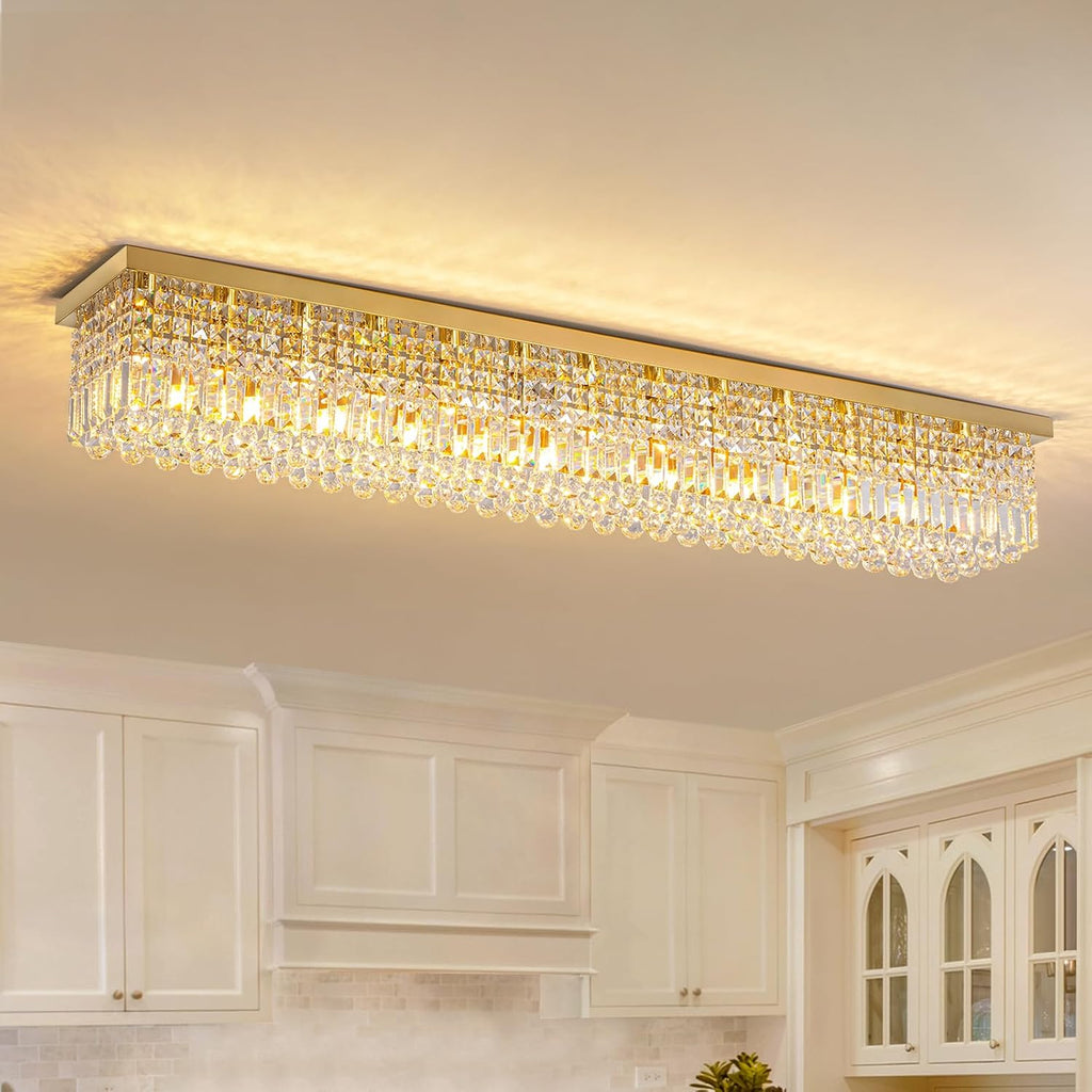 7PM Rectangular Chandelier, Modern Dining Room Light Fixture with Raindrop Chandelier Crystals, 13-Light Flush Mount Rectangle Chandelier for Dining Room, Living Room,Brass Finish L59'' x W10'' x H9''