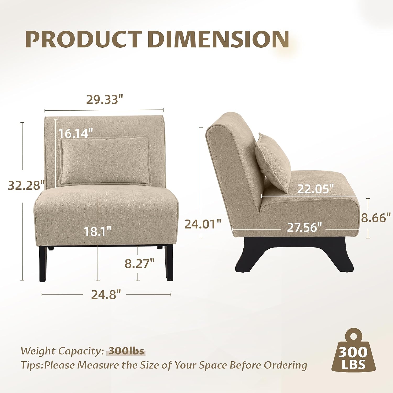 Upholstered Armless Accent Chair,Modern Comfy Living Room Chairs with Wooden Legs& Pillows,Lounge Sofa Side Chair for Bedroom Farmhouse Reading Brown