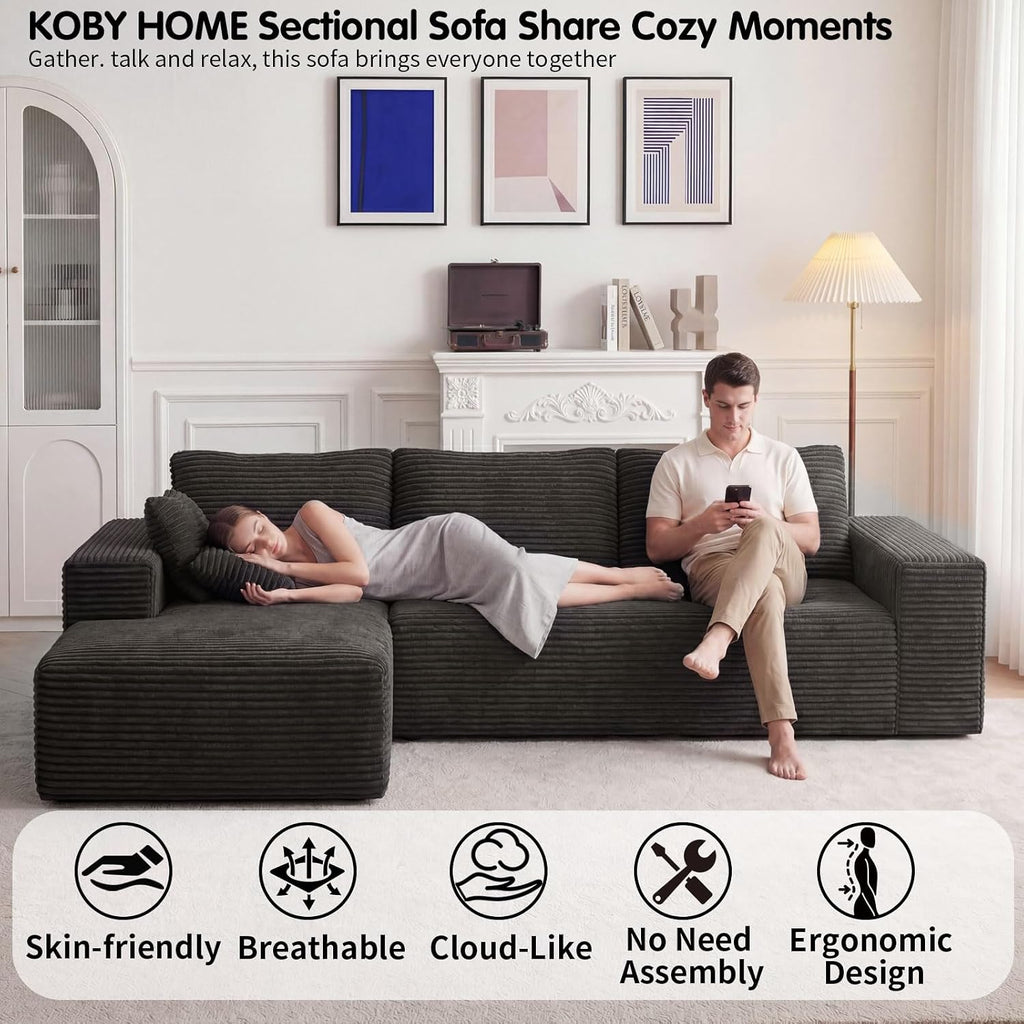 104' Cloud Sectional Couch with L-Shaped Chaise,Modern Modular Sectional Sofa,Corduroy Boneless Couches for Living Room Bedroom,No Assembly Required, 3-Seater (Left Facing Chaise) Black