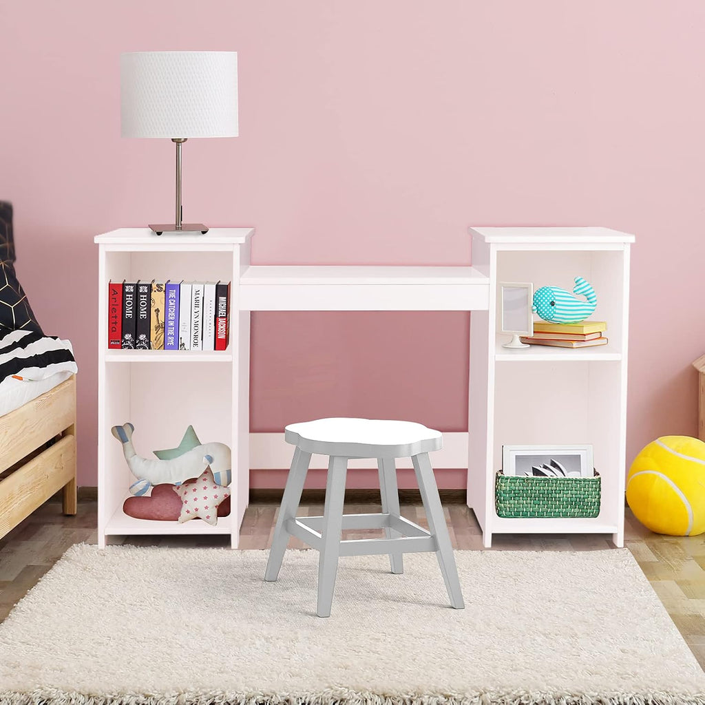 AKUSTIK Kids Vanity, 2 in 1 White Wooden Dressing Table for Toddlers with Tri-Folding Detachable Mirror, Storage Shelves, Pretend Princess Beauty Make Up Play Set for Little Girls