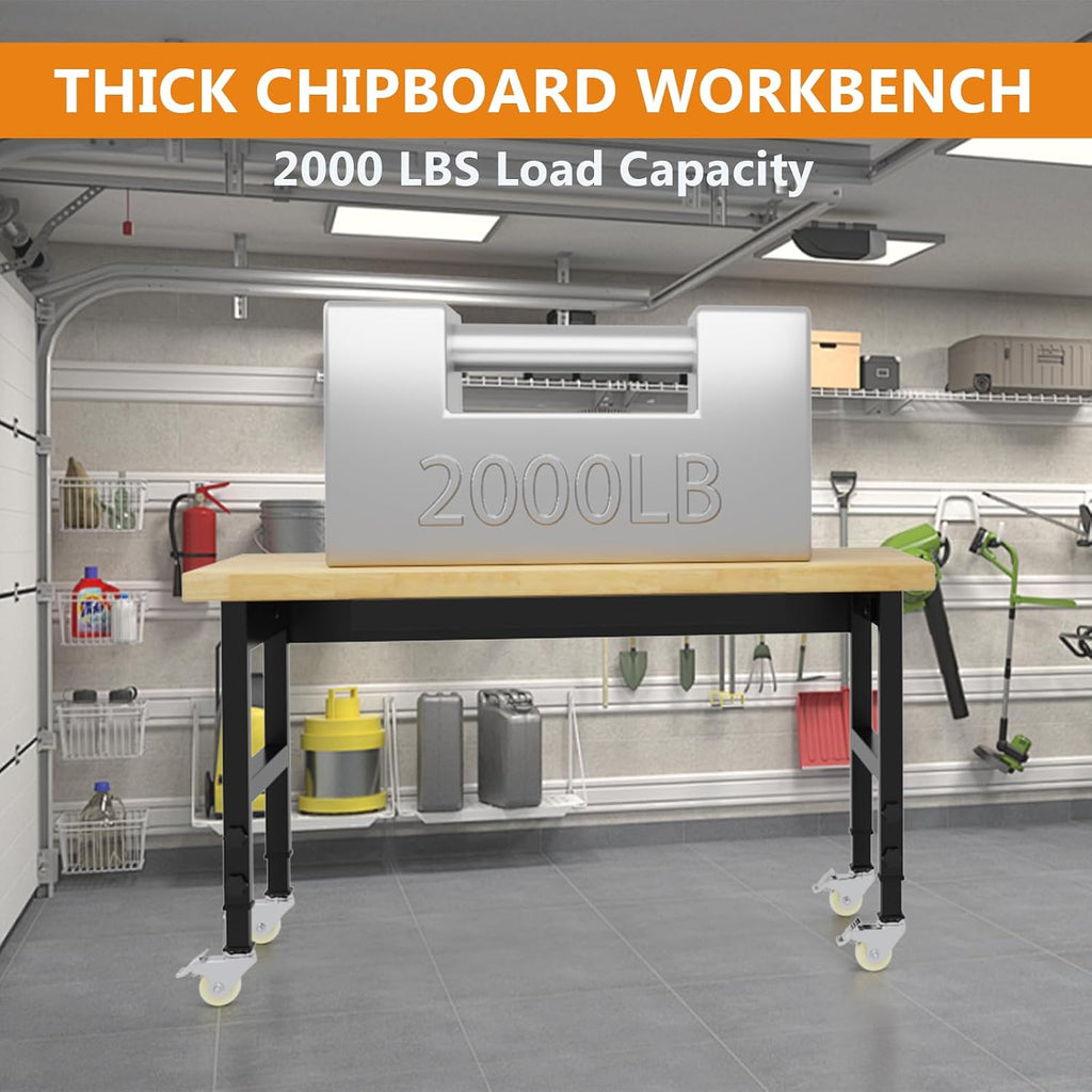 48' Heavy Duty Work Bench with Drawers, Adjustable Height Workbench with Wheels, 2000 LBS Capacity Work Table with Power Outlets for Garage, Workshop, Office, Home