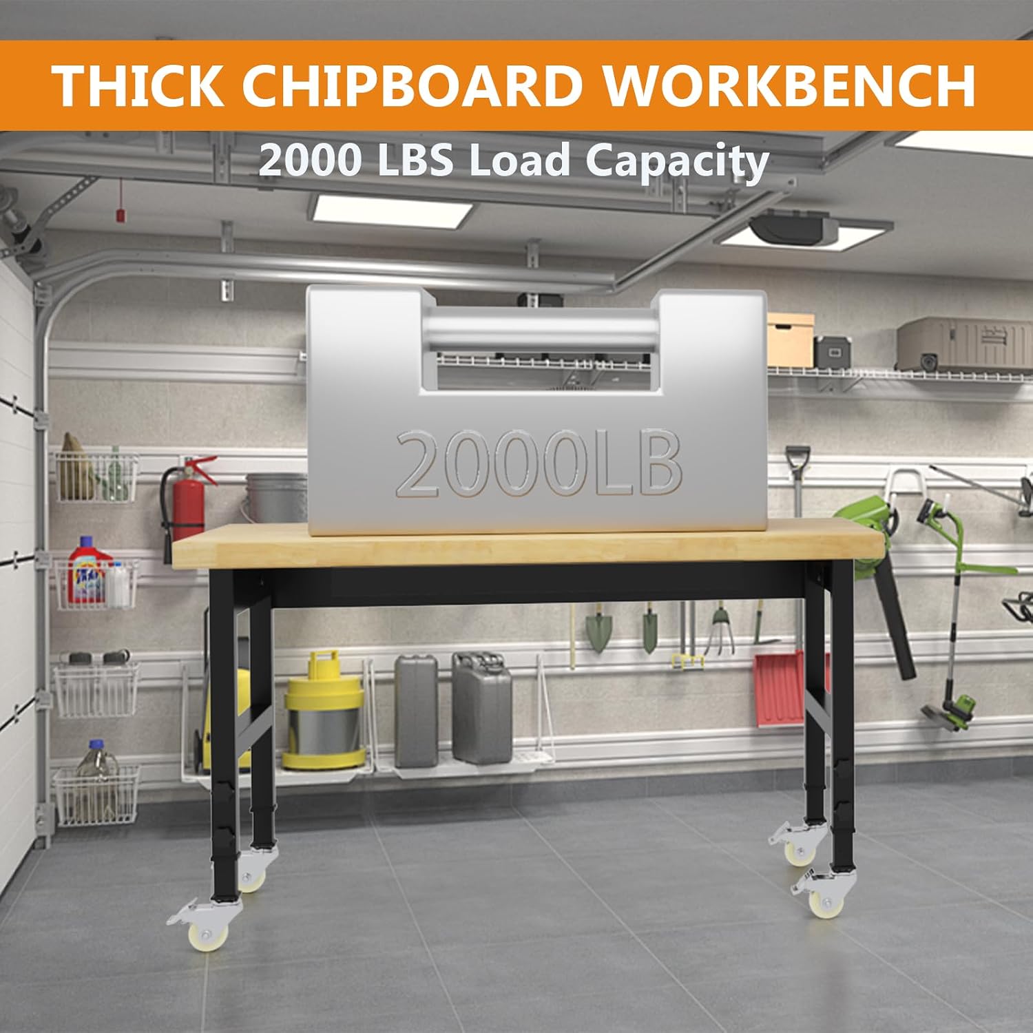 48' Heavy Duty Work Bench with Drawers, Adjustable Height Workbench with Wheels, 2000 LBS Capacity Work Table with Power Outlets for Garage, Workshop, Office, Home