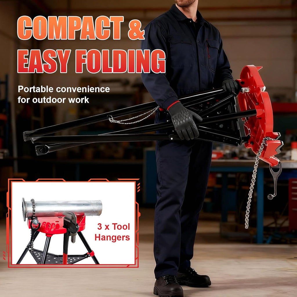 Tripod Pipe Vise Stand, Heavy-Duty 1/8'-6' Capacity, Portable Chain Vise with Tool Tray for Welding & Plumbing