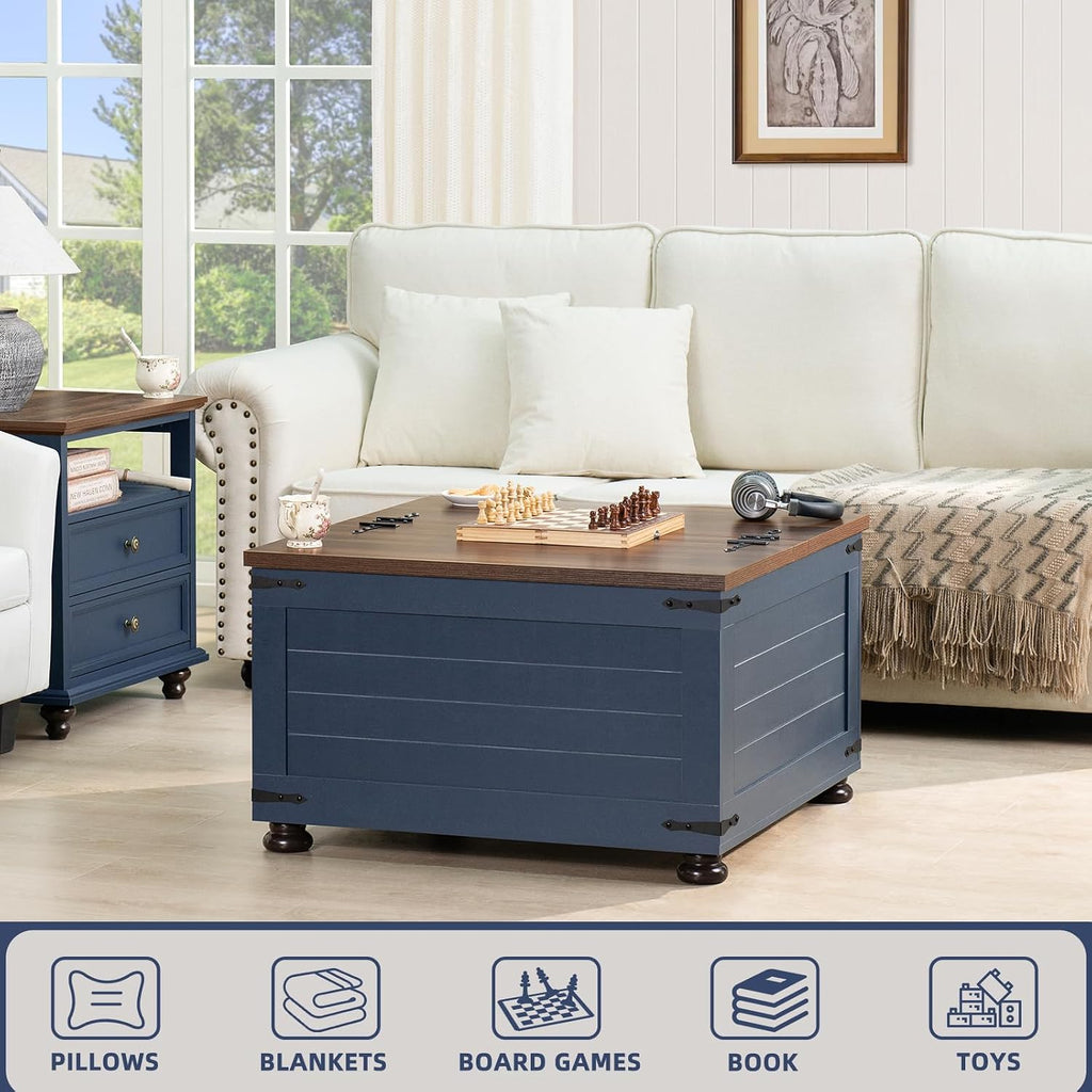 Joaxswe Farmhouse Coffee Table with Hidden Storage, 59 Gallon Square Center Table for Living Room, Rustic Wood Cocktail Tables with Flip-Top Lids, Farm House Tables with Wooden Gourd Feet, Navy Blue