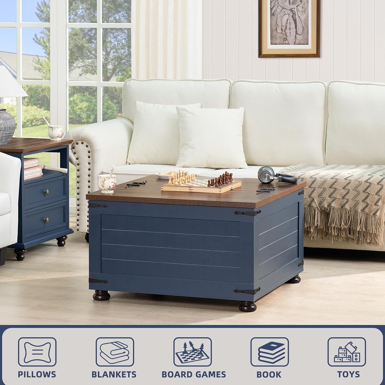 Joaxswe Farmhouse Coffee Table with Hidden Storage, 59 Gallon Square Center Table for Living Room, Rustic Wood Cocktail Tables with Flip-Top Lids, Farm House Tables with Wooden Gourd Feet, Navy Blue