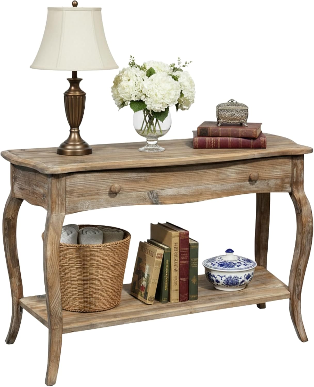 Austerity Rustic Console Table, 42 Inch with Curved Legs, Scalloped Edges, and Lower Shelf in Driftwood Finish - Natural and White Textured Antique Look Home Décor by Alaterre Furniture