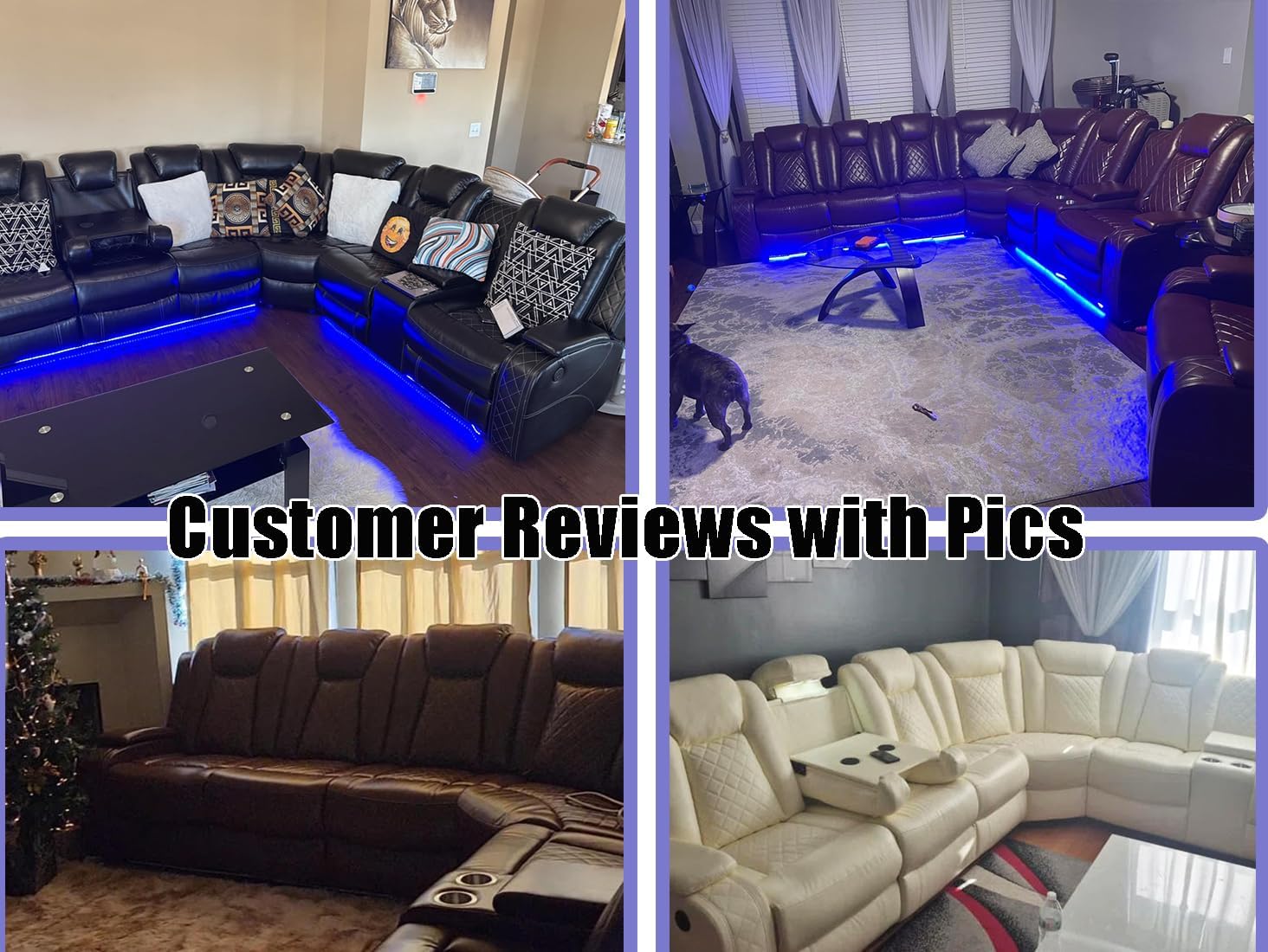 Power Recliner Sectional Sofa Set, Living Room Furniture Sets, Black Leather Sectional Reclining Couch and 2-Seater Power Reclining Loveseat with 4 Recliners/LED Light/Storage Console