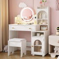 Vabches Kids Vanity Table and Chair Set, Toddler Dressing Table for 5-12 Year Old Little Girls, 2 in 1 Princess Makeup Vanity with Mirror & Lights, Wooden Pretend Play Vanity Desk, White