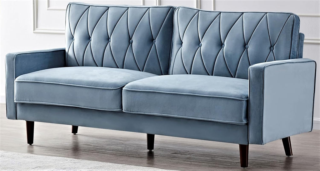 Container Furniture Modern Style Tufted Velvet Couches for Living Room with Soft Fabric Upholstery and Solid Wood Frame, 2 Piece Sofa and Loveseat Set, Light Grayish Cyan