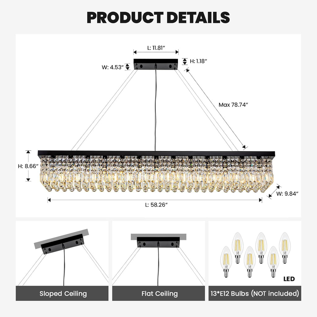 7PM Rectangle K9 Crystal Chandelier, 13-Light Modern Dining Room Linear Ceiling Chandelier, Rectangular Pendant Lighting Fixture for Kitchen Island Bedroom, Black Finish L59'' x W10'' x H9''