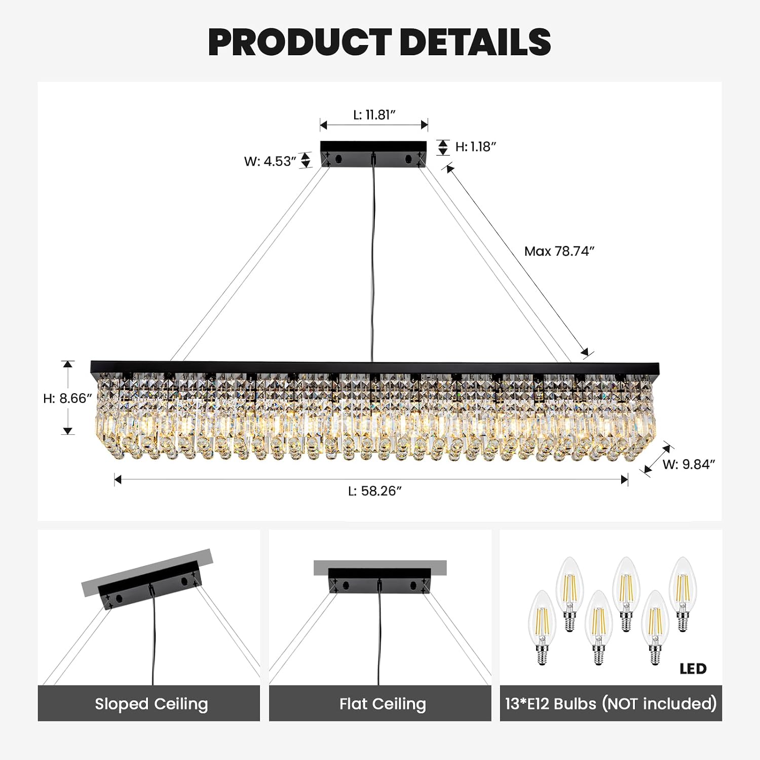 7PM Rectangle K9 Crystal Chandelier, 13-Light Modern Dining Room Linear Ceiling Chandelier, Rectangular Pendant Lighting Fixture for Kitchen Island Bedroom, Black Finish L59'' x W10'' x H9''