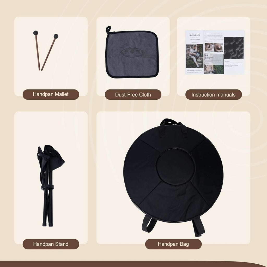 Handpan Drum - 22-Inch 10-Note D Kurd 440Hz - Hand Tuning Handpan - Includes Soft Bag, Mallets, Stand, Note Stickers, Cleaning Cloth - Artist Performance Video
