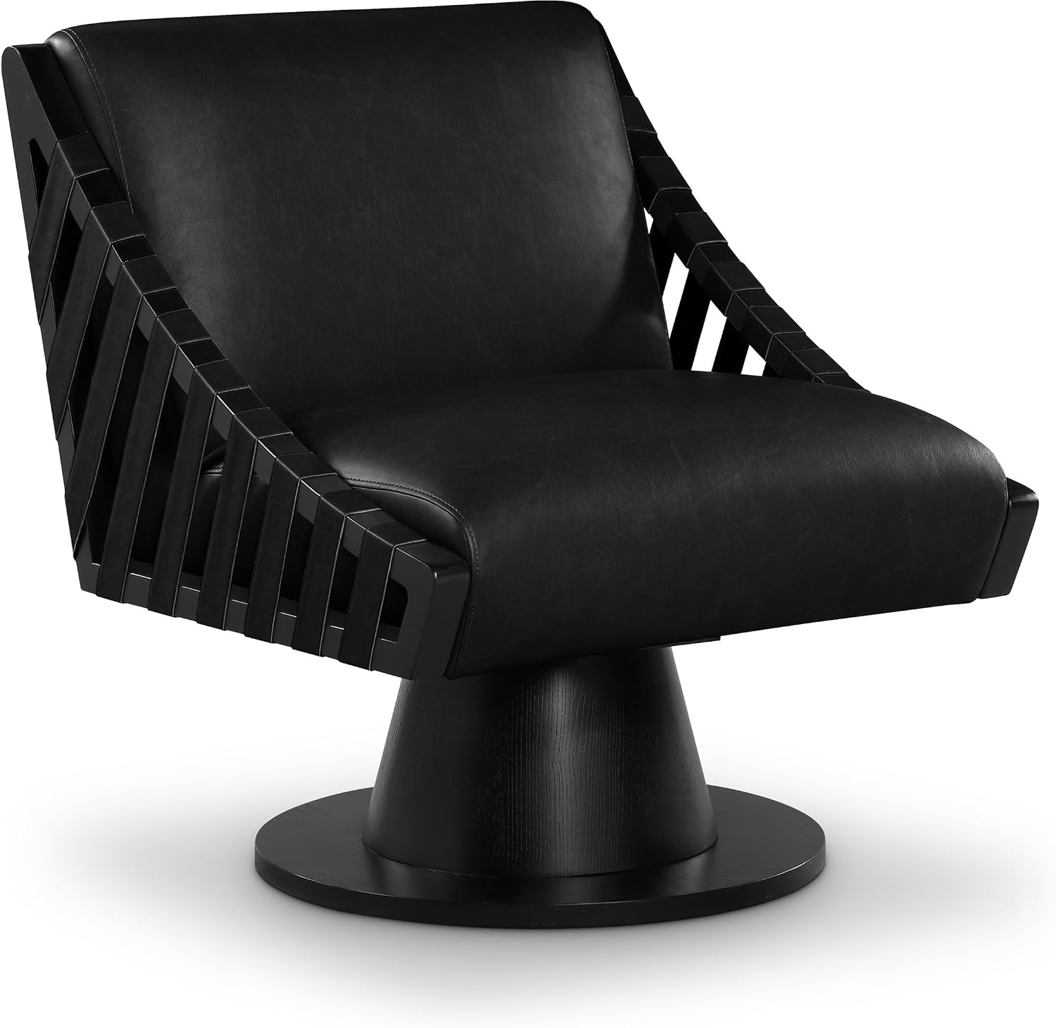 Meridian Furniture 33002Black Millwin Collection Art Deco Swivel Accent Chair with Rich Black Vegan Leather, Black Finish, Solid Wood Frame and Base, 28' W x 30' D x 32.5' H, Black