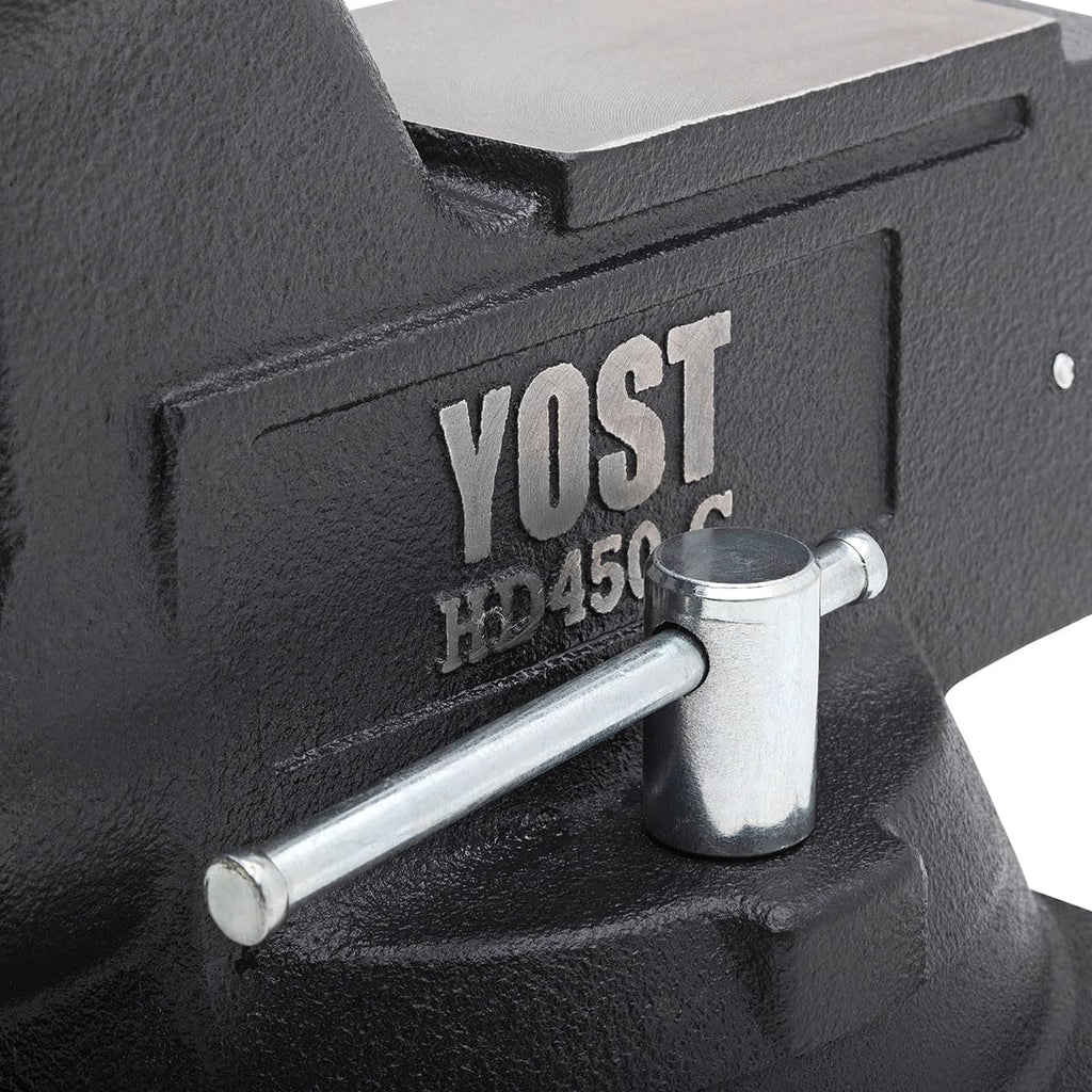 Yost HD450-C Heavy Duty 4-1/2 Inch Mechanics Work Bench Vise | Heavy Duty Woodworking & Metal Work Table with Secure Grip Swivel Base | 60,000 PSI Casting Iron Material with Extra-large Anvil Surface