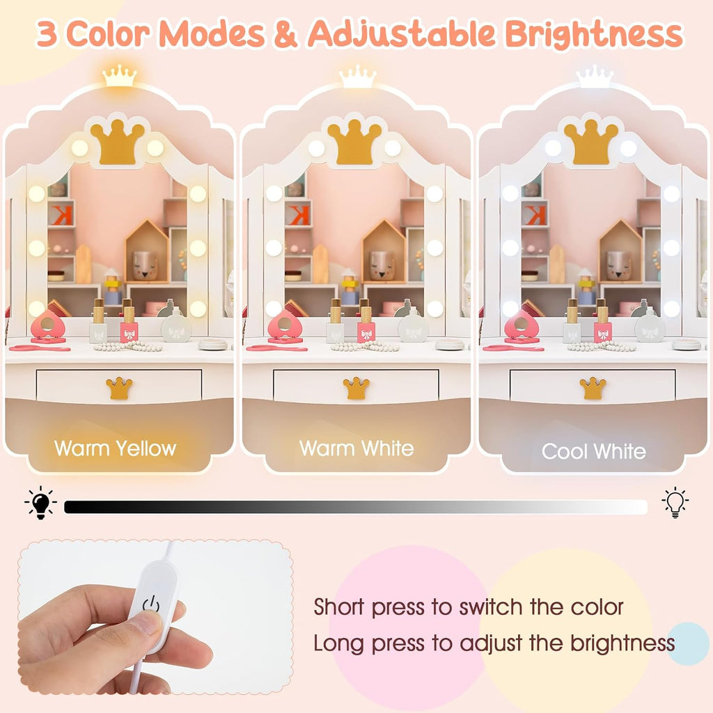 Costzon Kids Vanity with Lights, Girls Vanity Set with Mirror and Stool, Drawer, 2 in 1 Princess Makeup Desk Dressing Table, Kids Vanity Table and Chair Set (White)