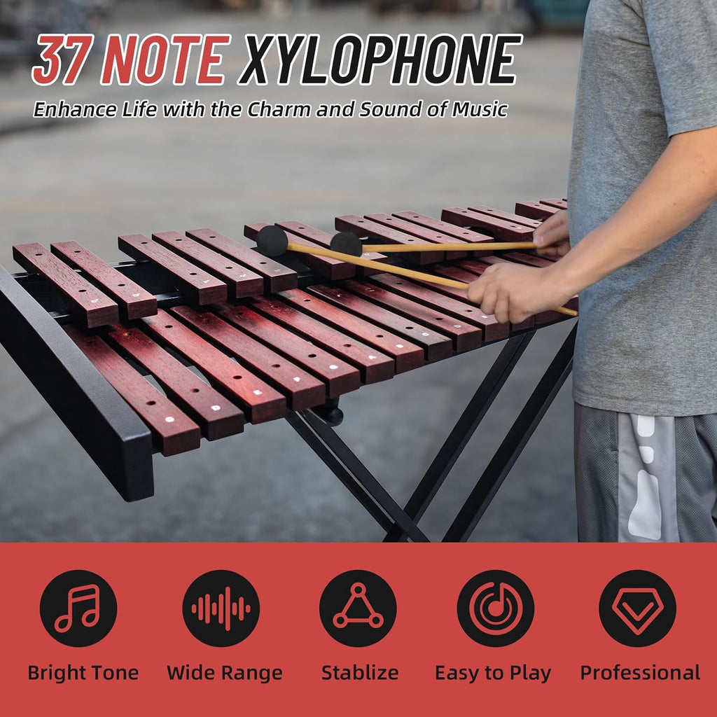 Marimba,37-key wooden Xylophone, complete with two pairs of mallets in different tones and an adjustable stand; a professional marimba suitable for beginners and students