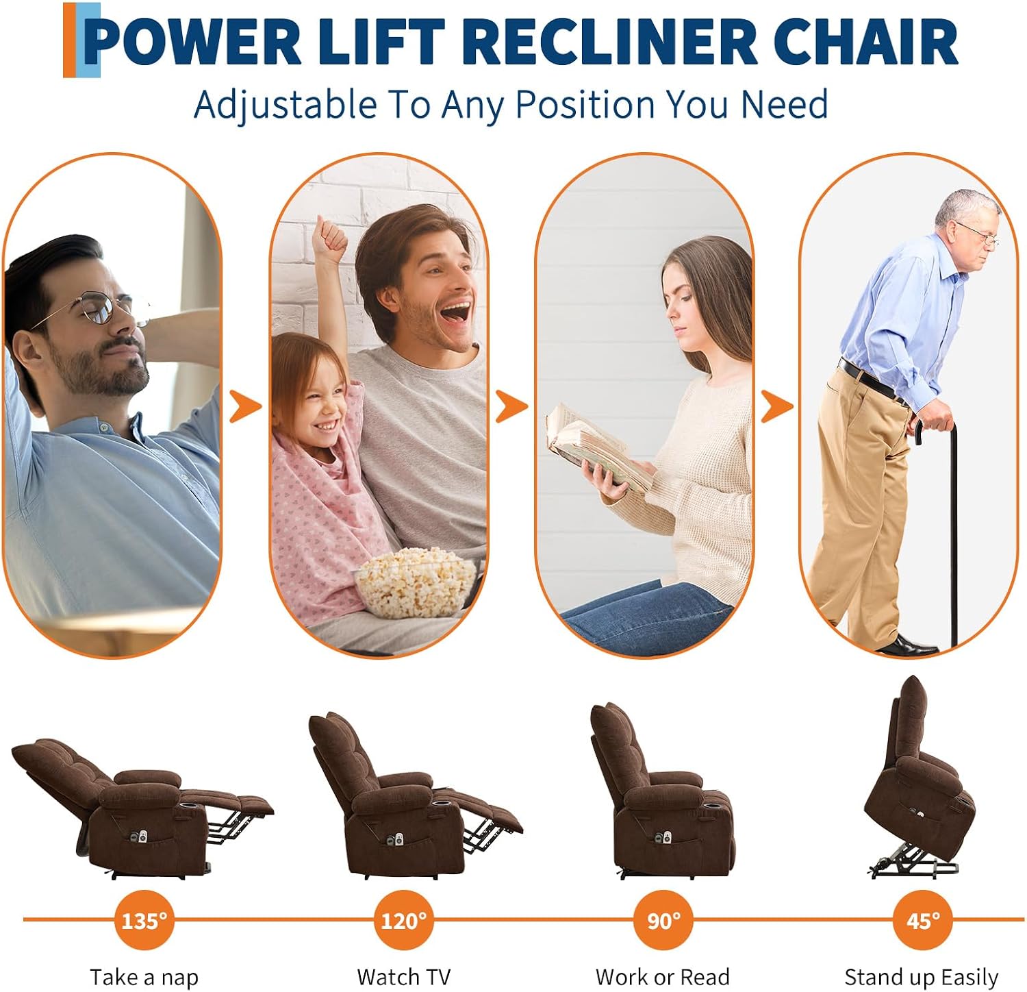 Power Lift Recliner Chair for Elderly - Electric Massage & Heat Recliner with 45° Assist Stand, Living Room Sofa for Small Space Furniture, Swivel Rocker with Cup Holders, Reclining Lounge for Adults