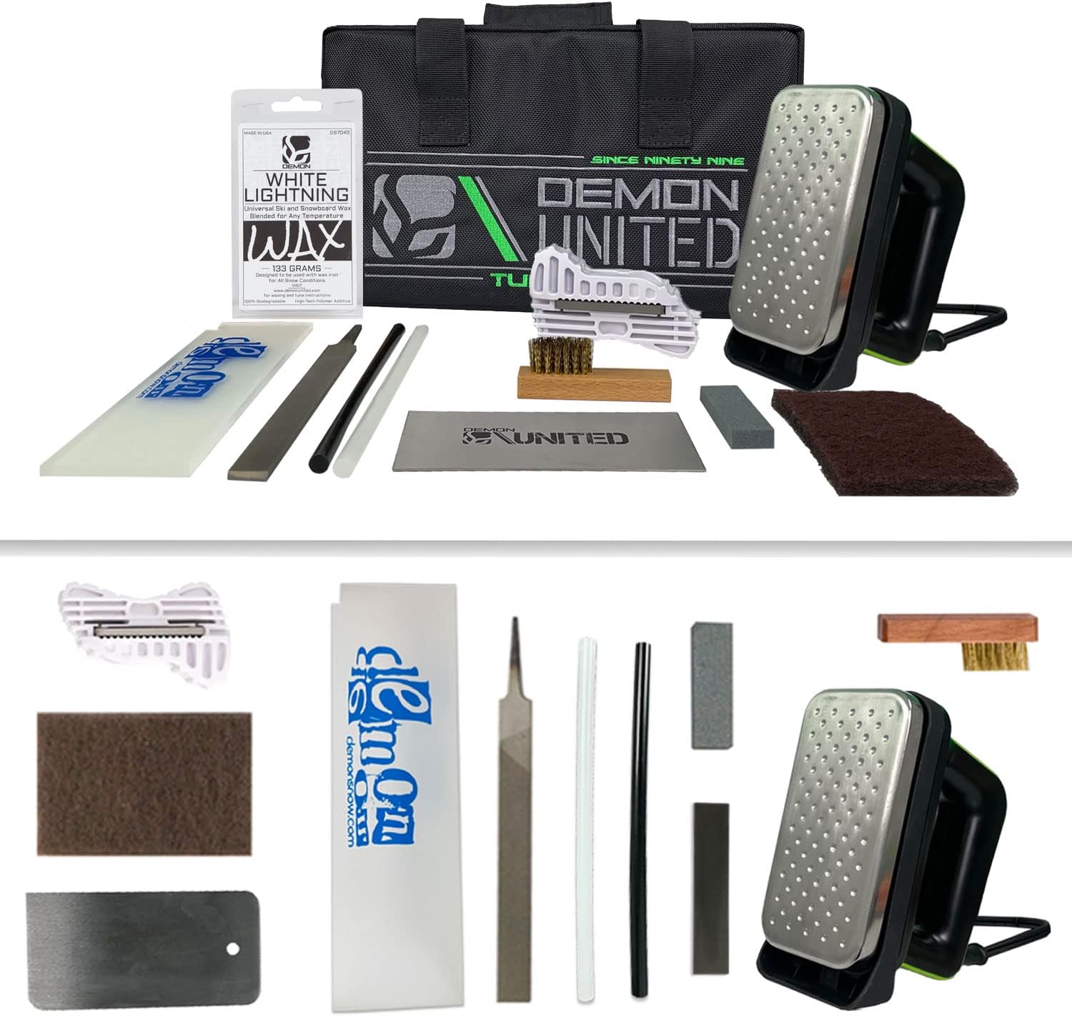 Demon United Total Ski and Snowboard Tuning Kit with Made in USA All Season Wax and Ski and Snowboard Metal Vise for Tuning and Brake Retainers and Apron