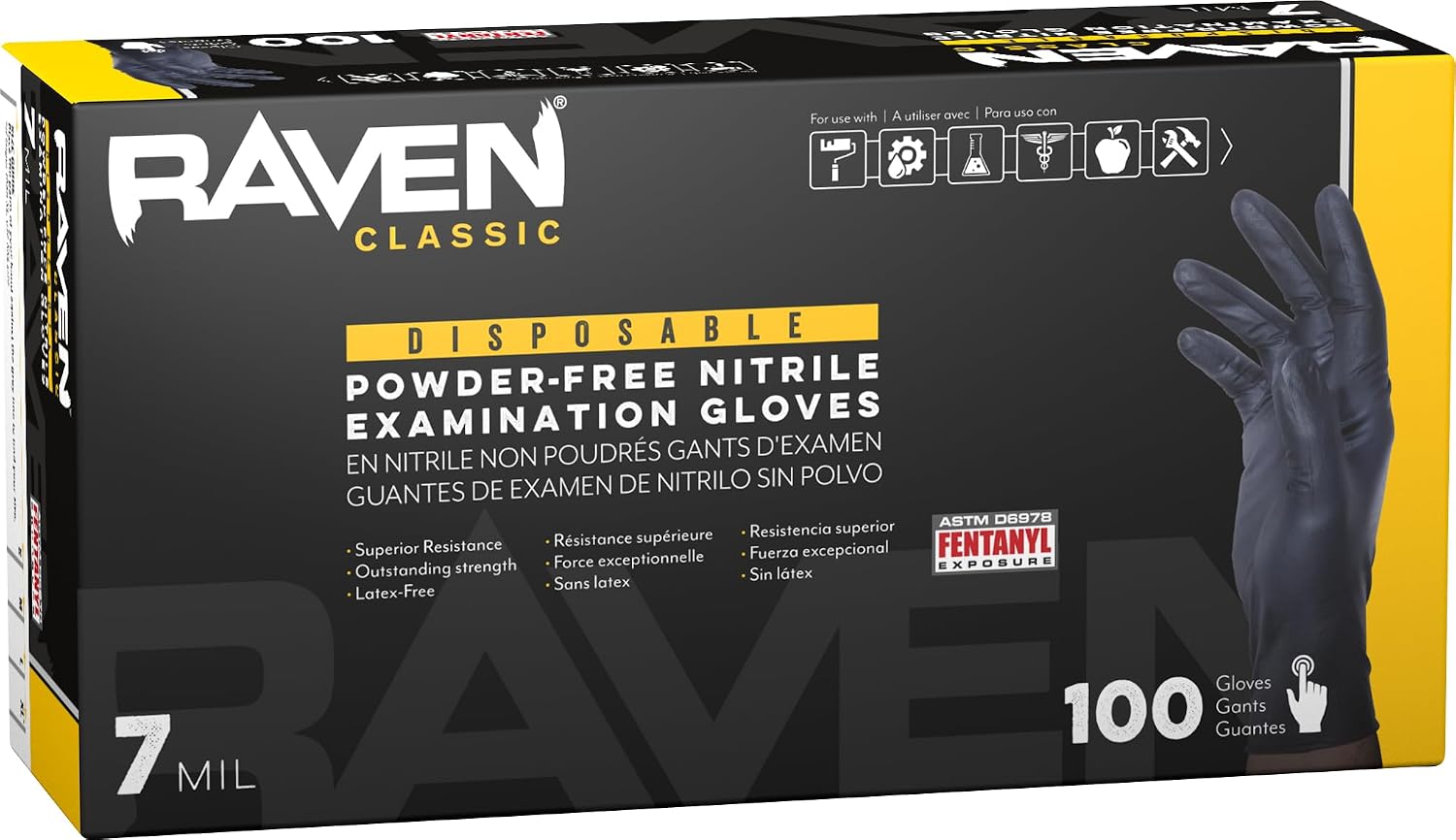 SAS Raven Powder Free Nitrile Disposable Gloves - 10 Boxes / 100 Ea. | 1000 Gloves Total |7 Mil - Sm | Latex Free, Chemical + Puncture Resistant, Textured Grip, Single Use | 66516, Black, Small