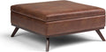 SIMPLIHOME Owen Square Coffee Table Storage Ottoman - 36 inch Wide Upholstered Vegan Leather Lift-Top Ottoman in Distressed Saddle Brown, Mid-Century Modern Ottoman for Living Room with Tufted Detail