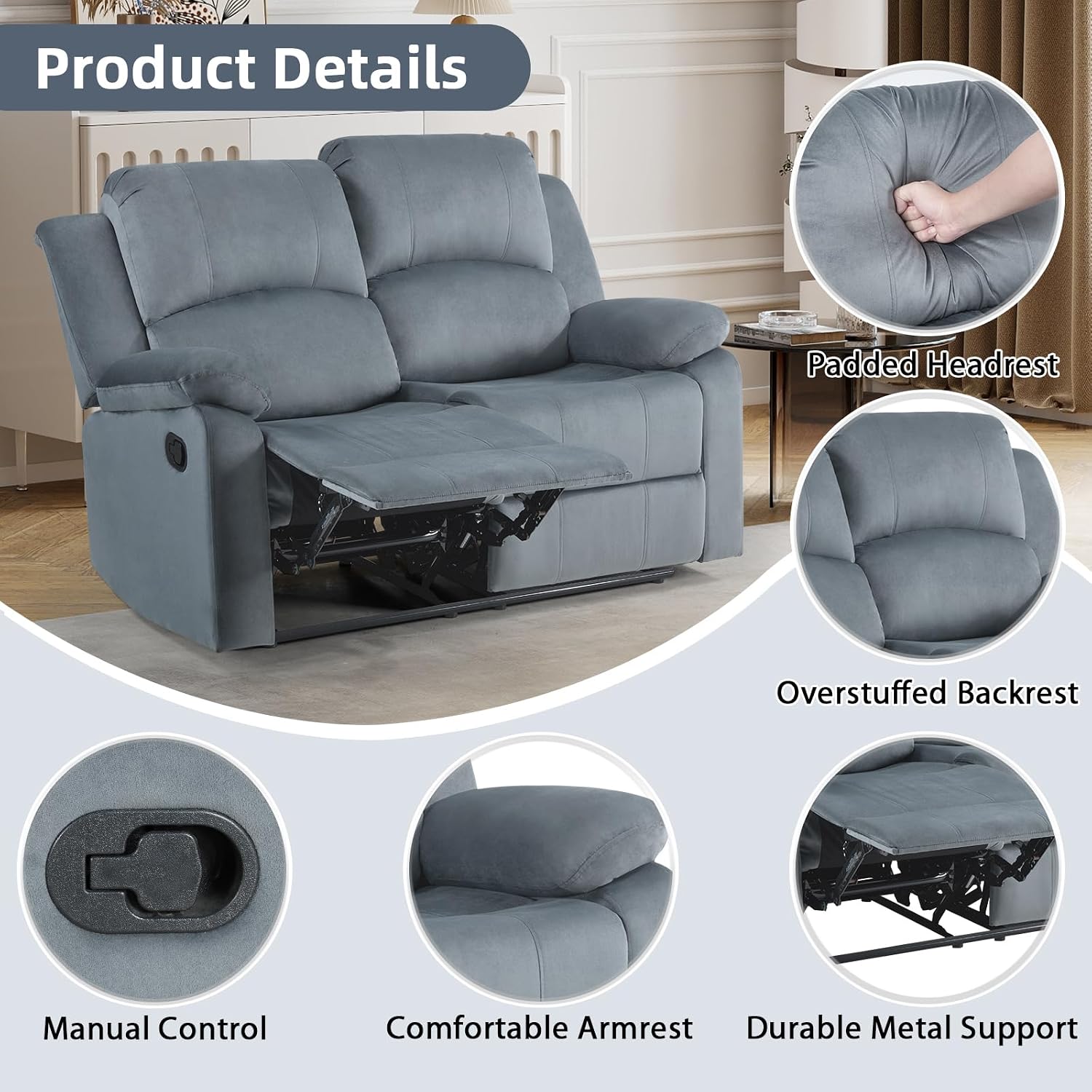 CANMOV Manual Recliner Sofa Set,Reclining Couch Furniture Set for Living Room, Includes 2 Recliner Chair and 1 Loveseat for Home Theater and Office, Grey