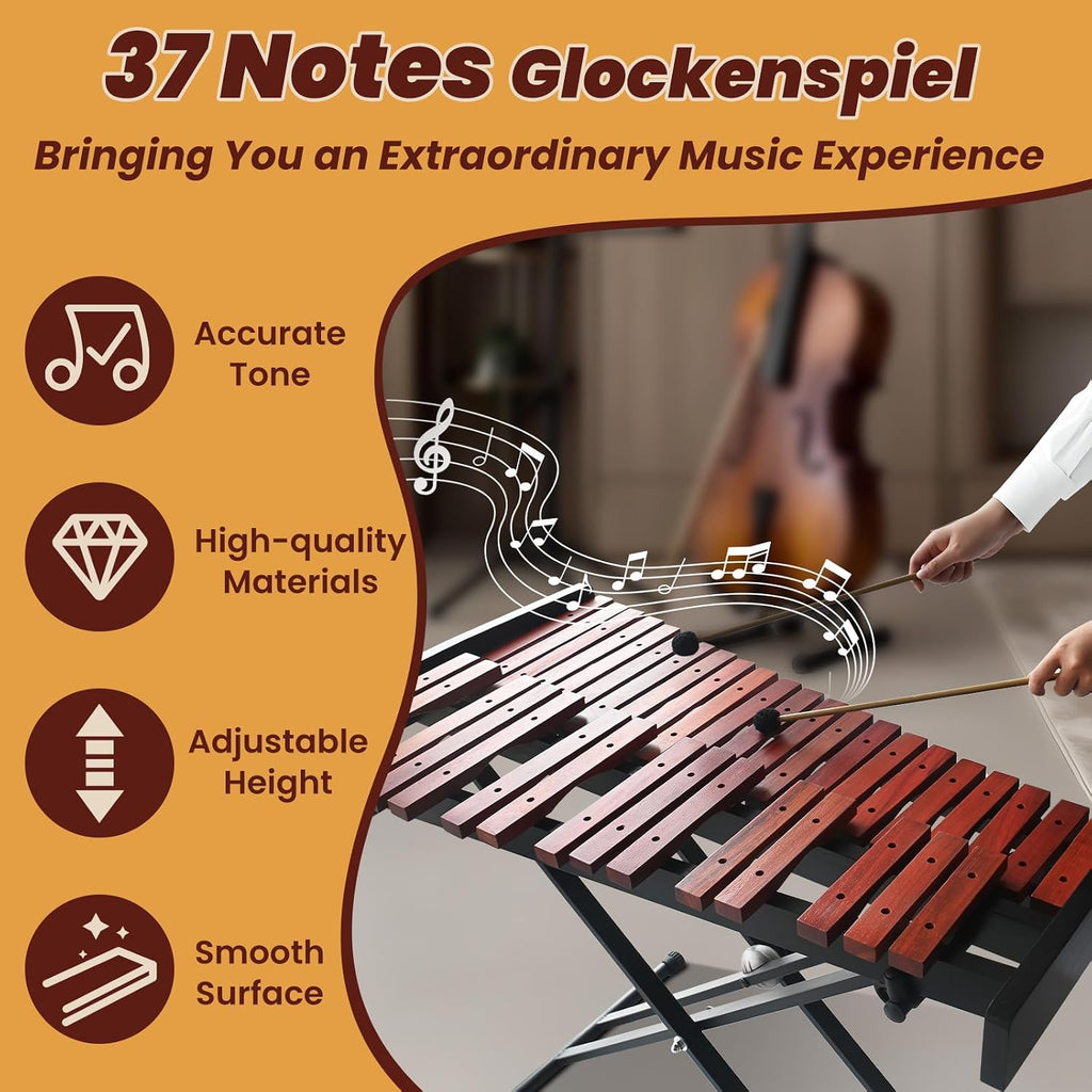37 Notes Glockenspiel 37-Key Wooden Xylophone Professional Marimba Glockenspiel Xylophone with Adjustable Height Stand Xylophones Instrument Kit with Mallets & Bag