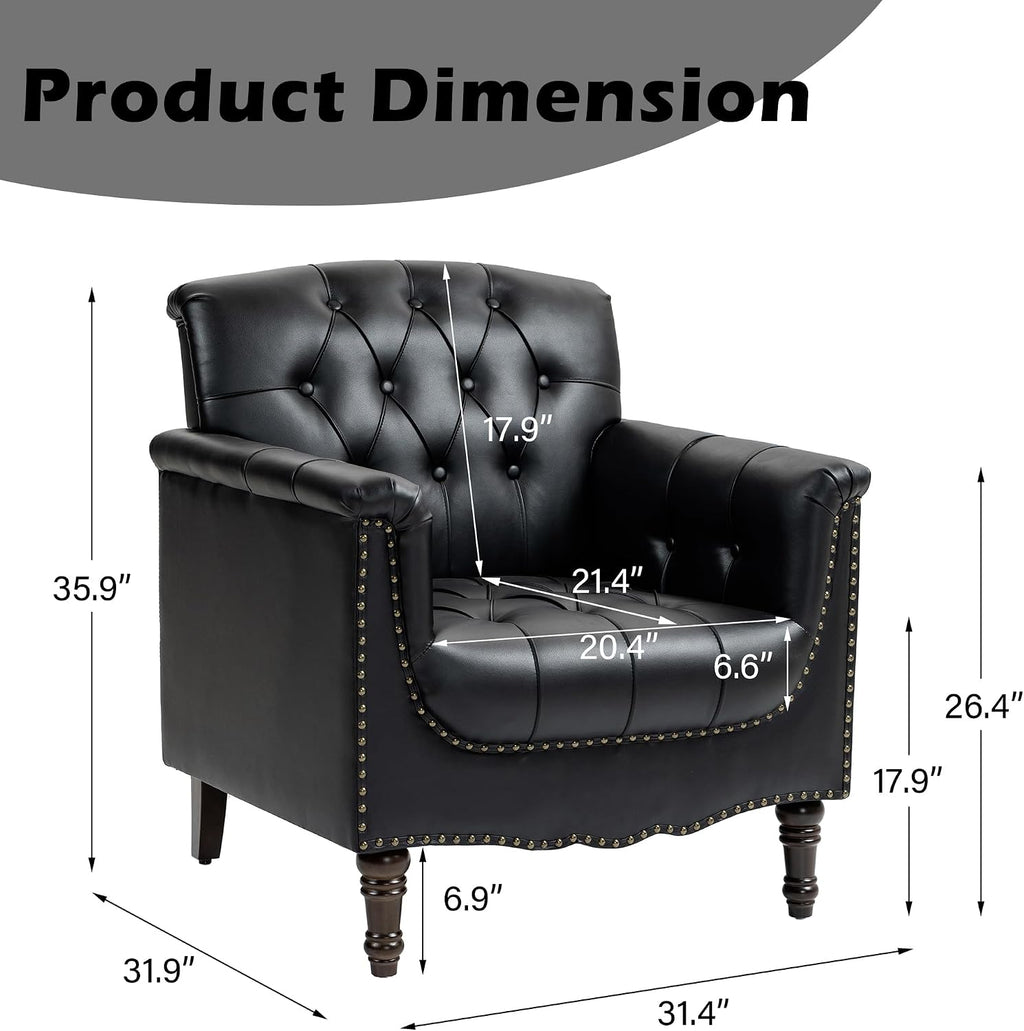 Lumibee Faux Leather Armchairs, Contemporary Accent Chairs Set of 2 with Nailhead Trims & Wood Legs for Living Room, Upholstered Comfy Arm Chairs for Office,Bedroom-Black